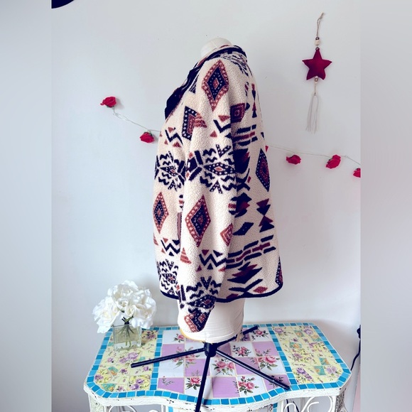 Aztec Tribal Cream Brown Sherpa Coat Shacket L - Picture 3 of 4